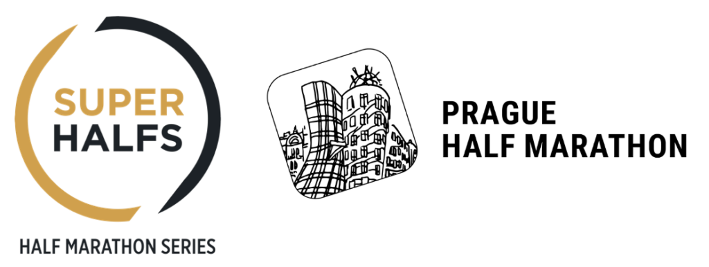 SuperHalfs logo on left and Prague Half Marathon logo on right with Prague skyline.