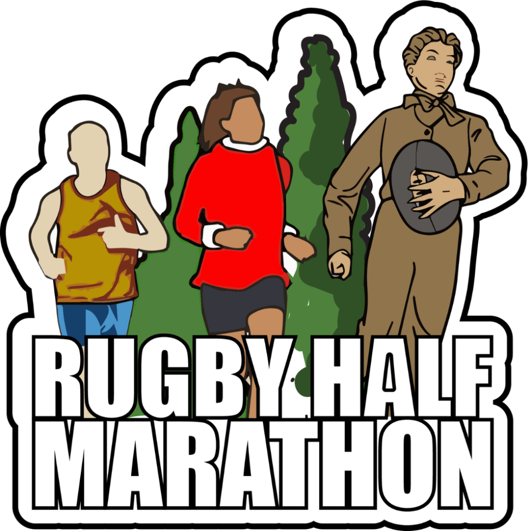 Rugby Half Marathon logo with illustrations of three people running.