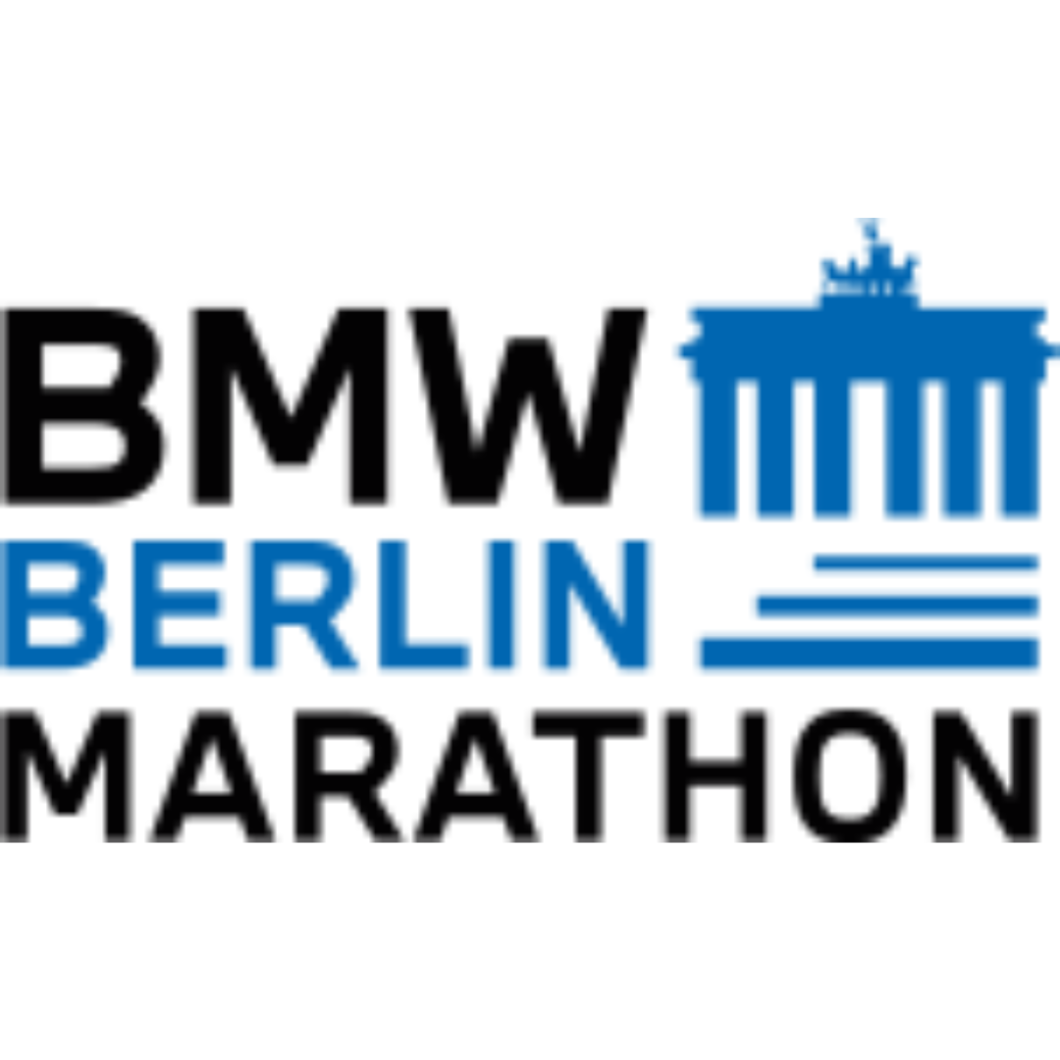 BMW Berlin Marathon logo in black and blue with Berlin skyline.