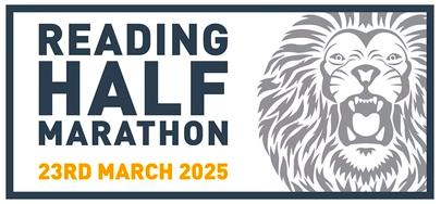 Reading Half Marathon logo with roaring lion illustration in light grey.