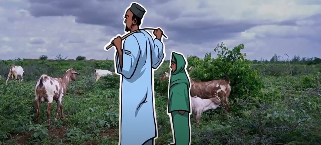 Illustration of father and daughter standing in livestock field.